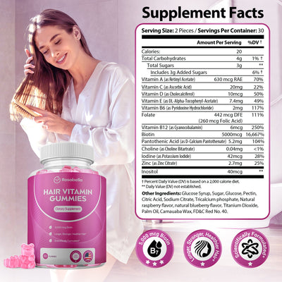 Rosabella Biotin Gummies for Hair, Skin & Nails