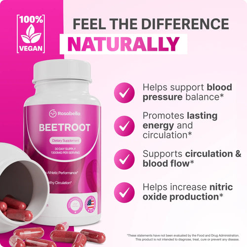Rosabella Organic Beetroot Capsules (1300mg) for Blood Flow & Heart Health Bogo